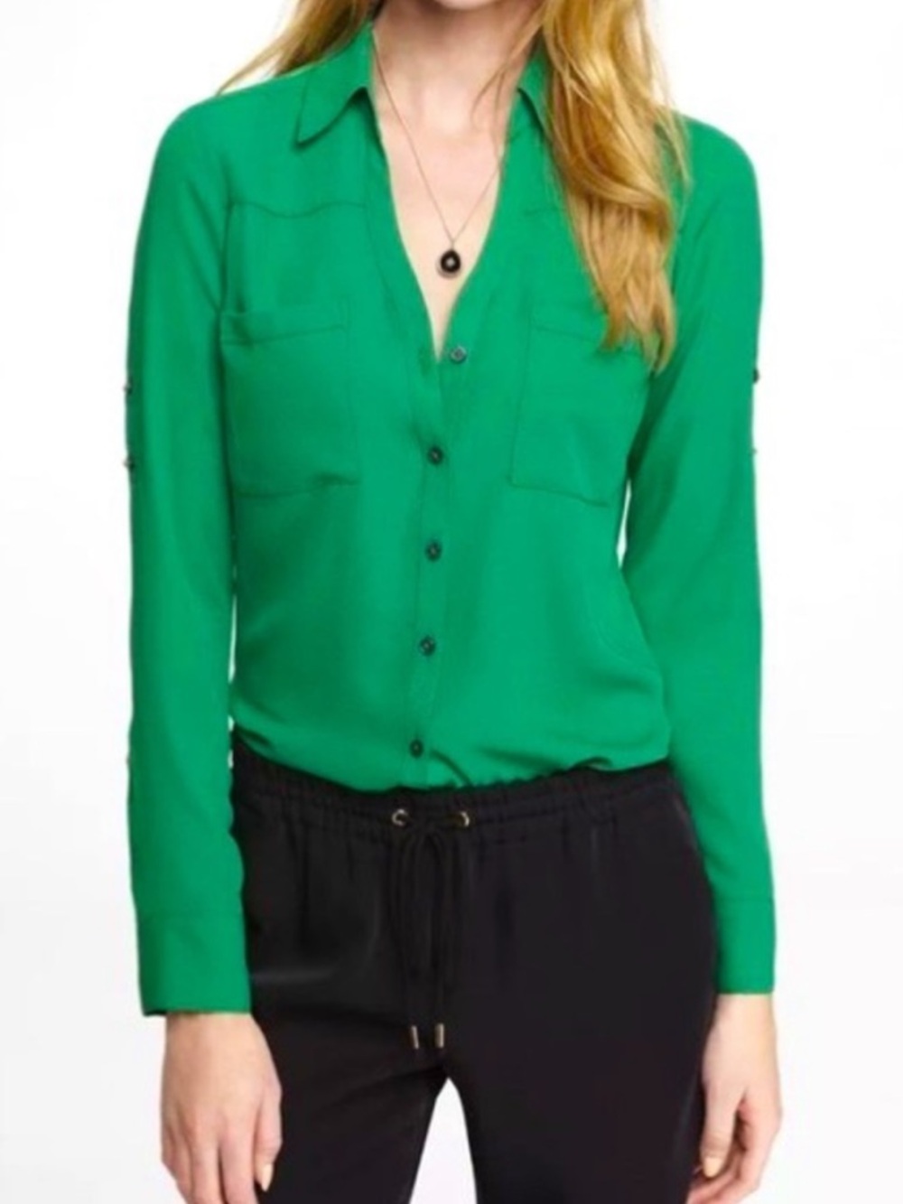 Express Kelly Green Button-Down Blouse with Patch Pockets